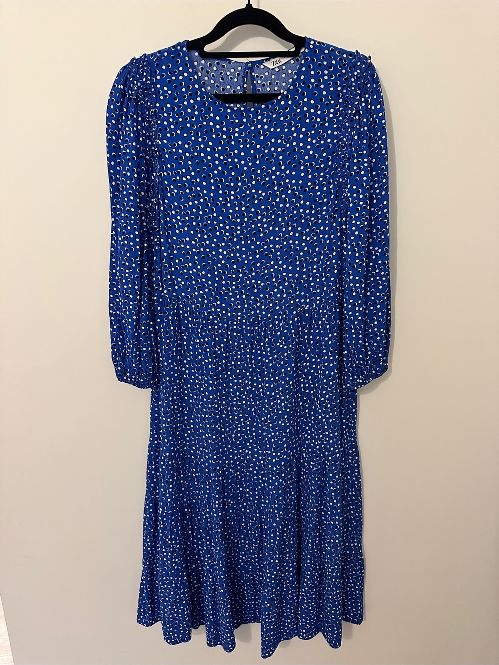 Zara Blue Dotted Printed Long Sleeve Midi Dress